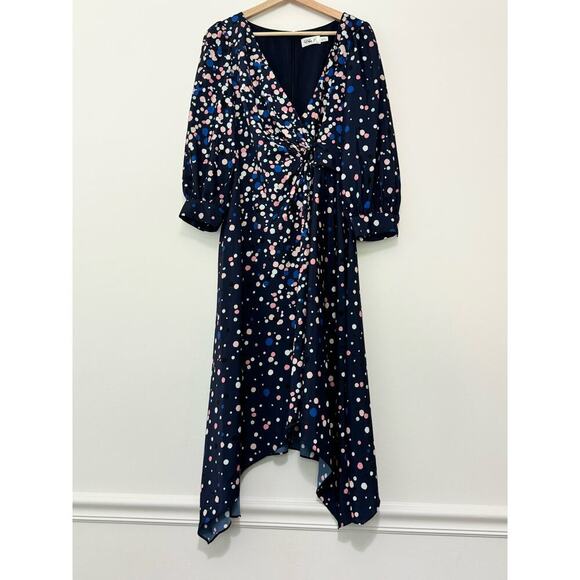 ELIZA J Navy Blue Polka Dotted Pink Faux Wrap Midi Dress V-Neck Size 10 Retro - Picture 2 of 14